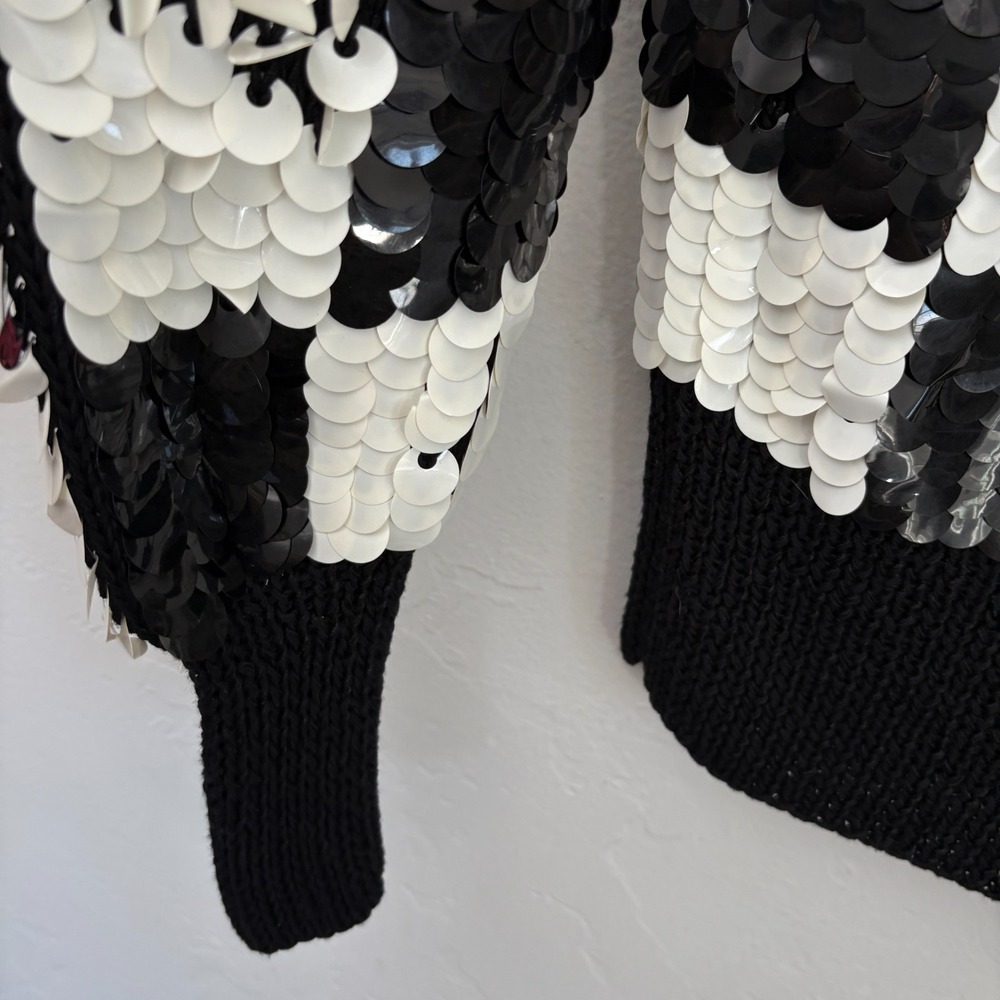 Vintage Sequin Sweater Women Size Small? Black White Checkered Hand Knit Wool - Picture 9 of 11